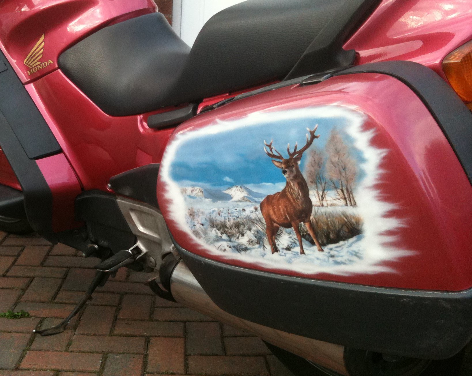 Airbrushed Painting of a Honda Pan-European Motorbike with custom design of a Stag side pannier close up